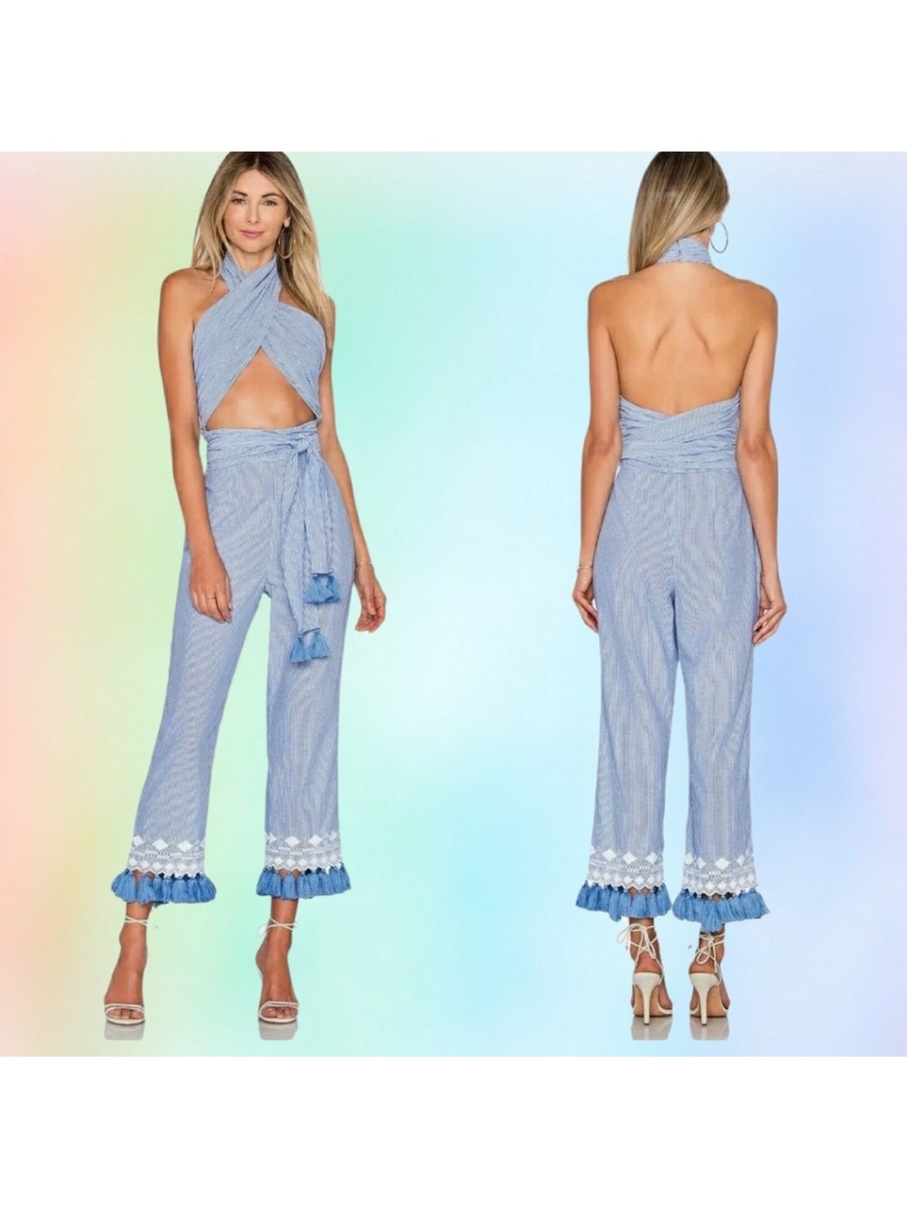Tularosa Blue Striped Halter Crop Jumpsuit with Tassel Tie